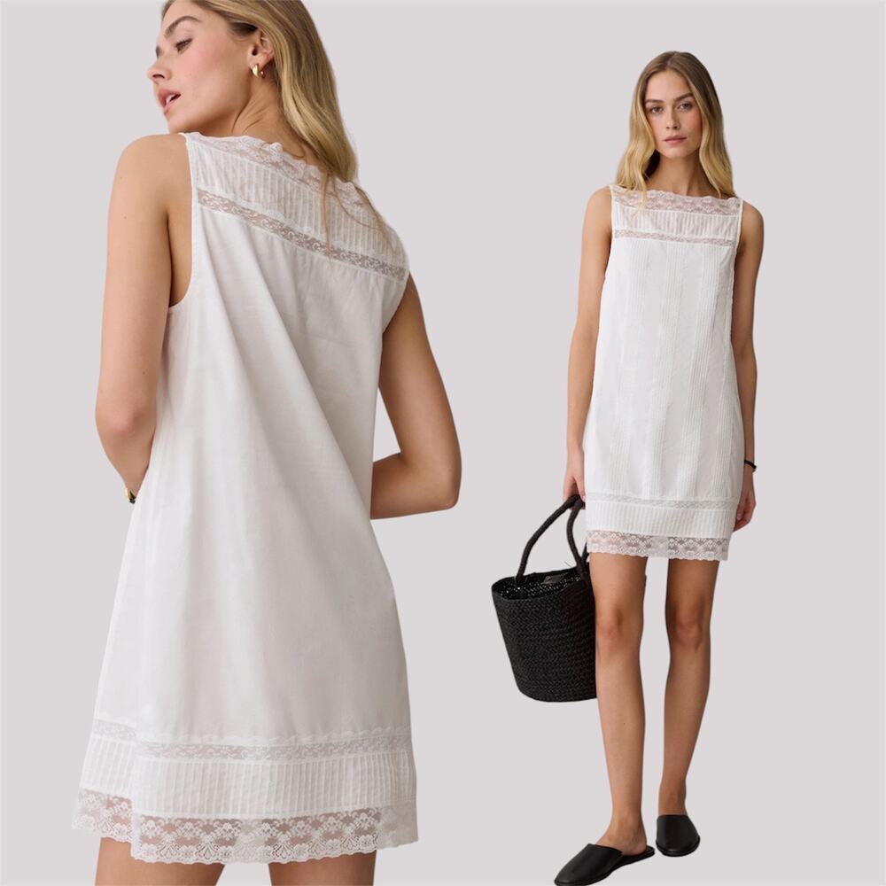Few Moda Iyla White Cotton Lace Trim Pintuck Mini Shift Dress Small Cottagecore